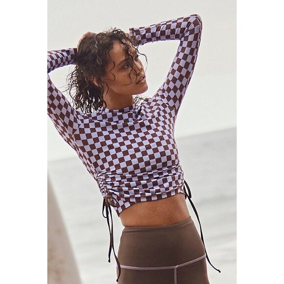 NEW Free People x Salt Gypsy Ruched Printed Surf Rashguard XS Purple Check - Picture 1 of 8